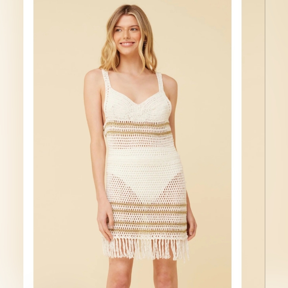 Surf Gypsy White and Gold Crochet Fringe Dress Coverup